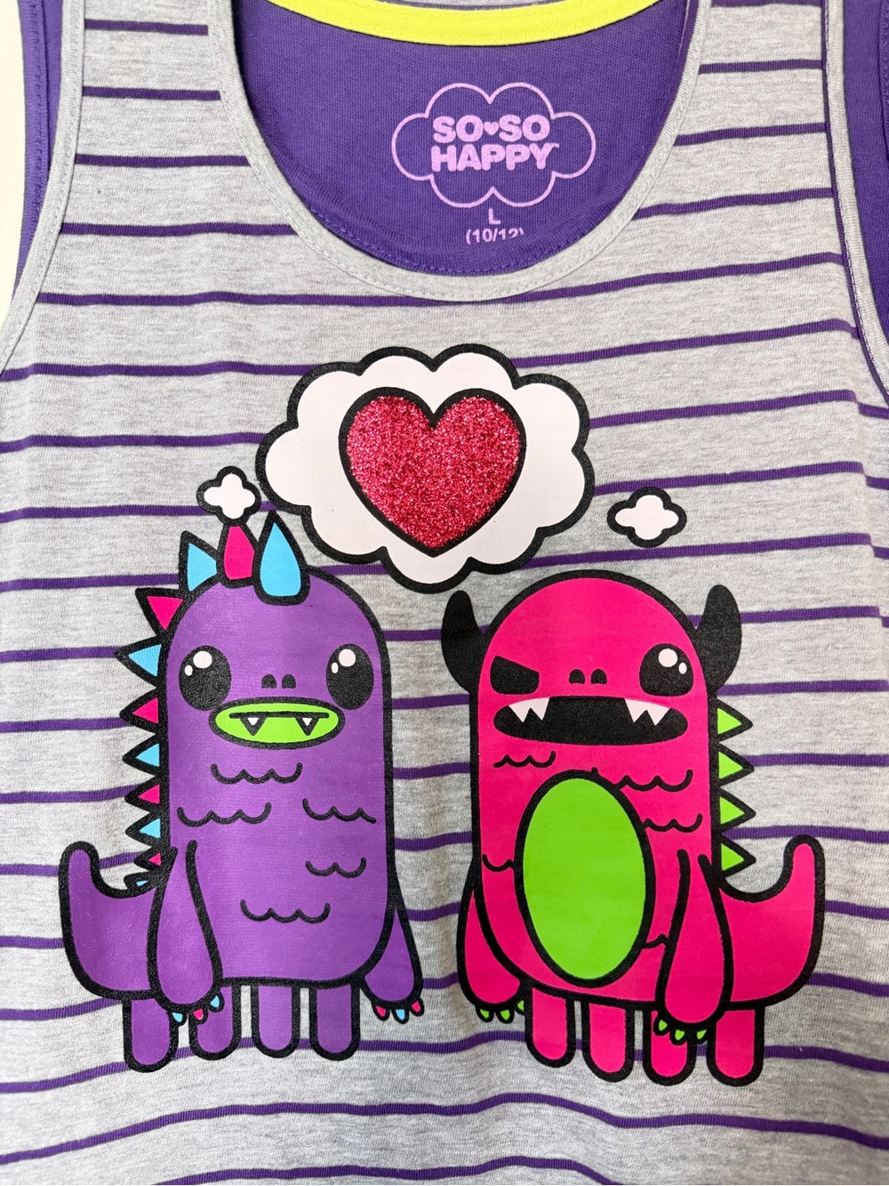 *BRAND NEW* JC Penney So So Happy Grey Striped Purple Monster Gray 2In1 Tank Top - Picture 2 of 3